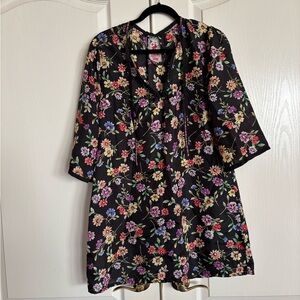 Johnny Was Florean black silky floral mini shift dress size small